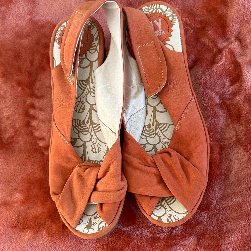 FLY LONDON Yakin Peep Toe Nubuck Leather Wedge Slingback Sandals Coral | SZ 39 - Picture 6 of 6